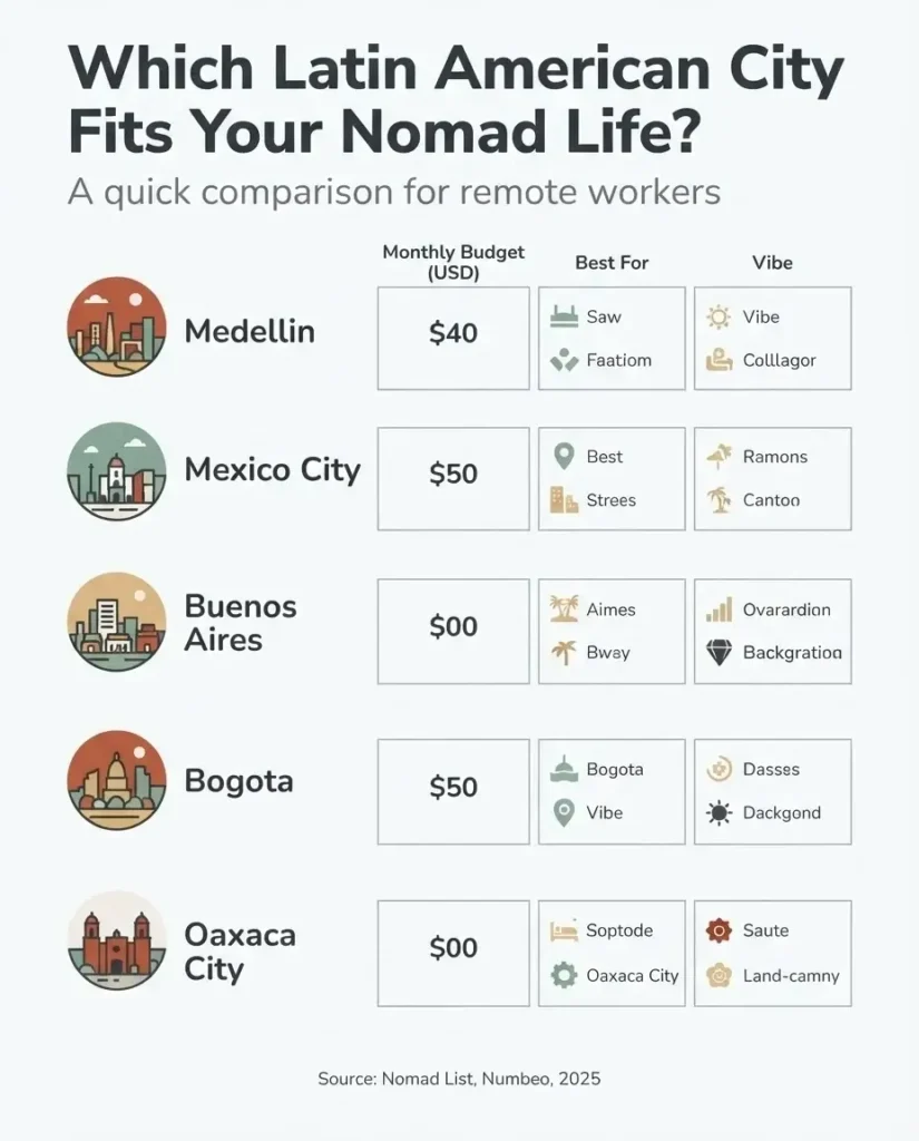 Flat infographic comparing top digital nomad cities in Latin America including Medellin, Mexico City, Buenos Aires, Bogota, and Oaxaca by monthly cost, internet speed, and best fit traveler type