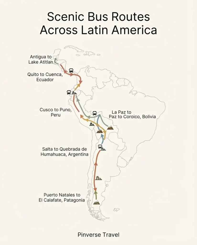 Minimalist illustrated map of Latin America showing six scenic bus routes including Cusco to Puno Patagonia Quito to Cuenca and Guatemala chicken bus routes
