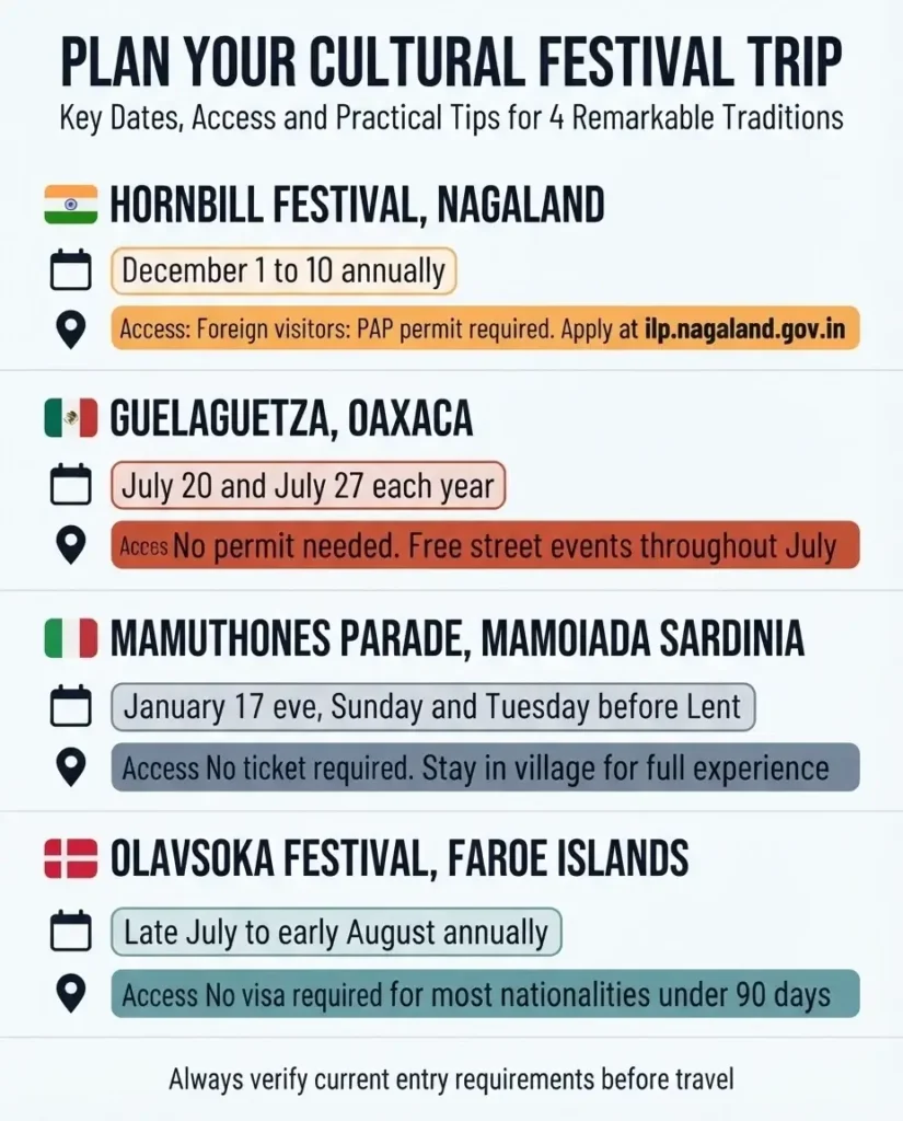 Travel planning infographic showing key dates, entry permits, and visit tips for Hornbill Festival Nagaland, Guelaguetza Oaxaca, Mamuthones Sardinia, and Olavsoka Faroe Islands