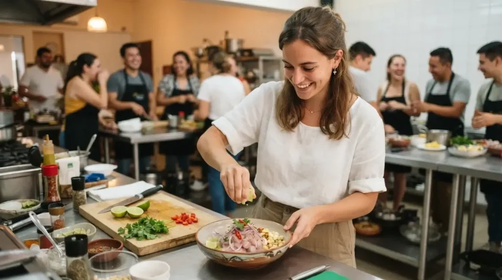 Solo female traveler plating fresh ceviche in a Lima cooking class kitchen after a Surquillo market tour in Peru