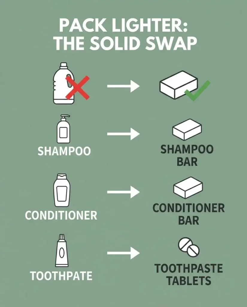 A flat vector 4:5 aspect ratio infographic mapping out traditional liquid toiletries swapped for eco-friendly solid alternatives, showing a shampoo bottle converting to a shampoo bar.