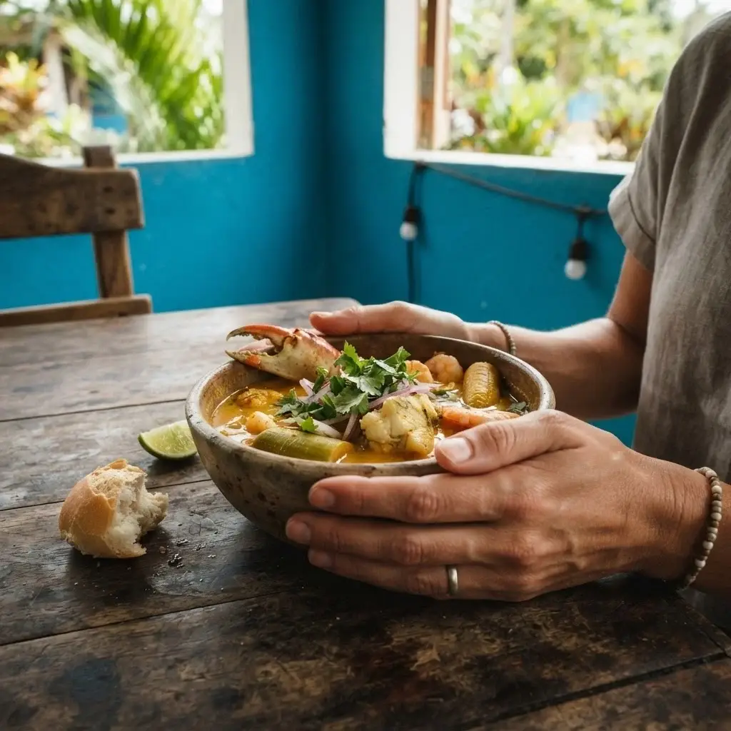 Close-up candid photo of a bowl of Garifuna tapado seafood stew with coconut broth in Livingston Guatemala hands wrapped around rustic ceramic bowl