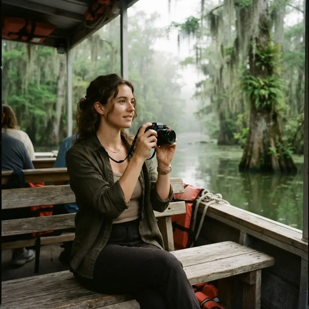 A medium shot of a 20-something female traveler with a mirrorless camera sitting on a flat-bottom boat touring a Louisiana swamp surrounded by cypress trees and Spanish moss.