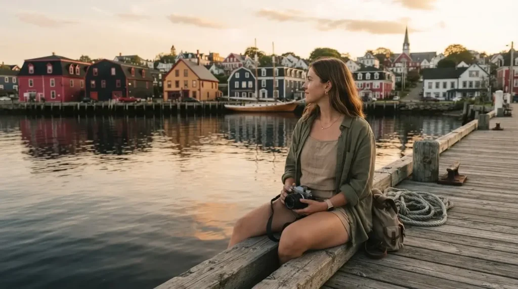 Solo female traveler sitting on a wooden dock in Lunenburg Nova Scotia looking at rows of colorful heritage buildings along the harbor waterfront