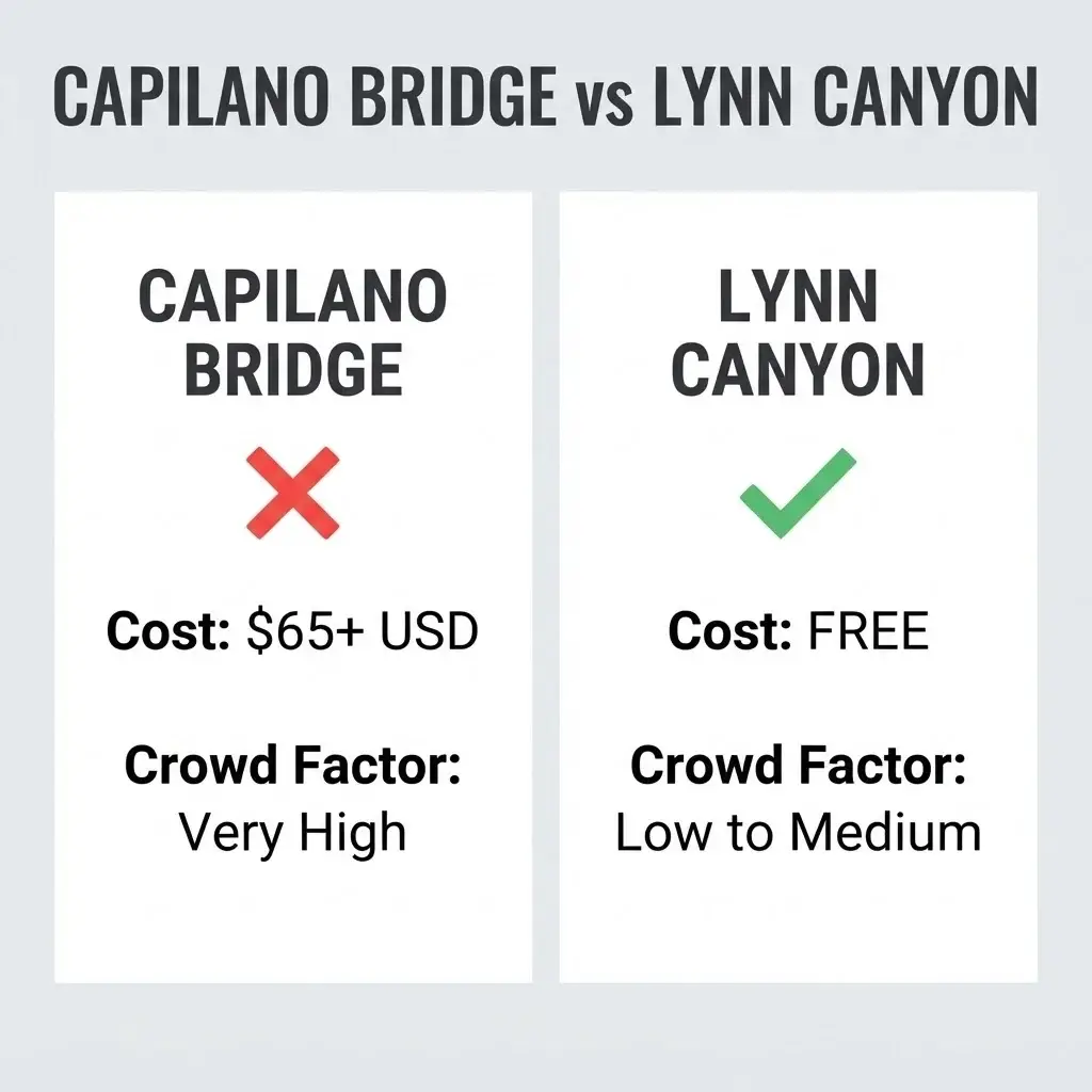 A flat vector comparison infographic between Lynn Canyon and Capilano Suspension Bridge highlighting cost, crowd levels, and environment type.