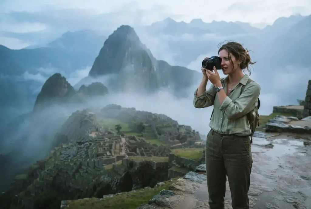 Female solo traveler photographing Machu Picchu ruins through morning mist with the Andes mountains behind, Peru