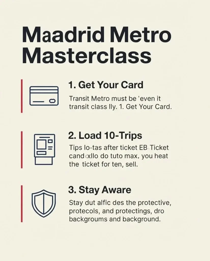 A flat vector infographic checklist outlining how to use the Madrid Metro, detailing the Tarjeta Multi card, 10-trip bundles, and transit safety tips.