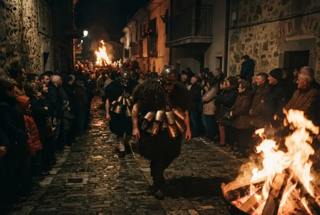 Ancient Mamuthones masked figures parading through narrow stone streets lit by bonfires at night in Mamoiada Sardinia Italy winter carnival