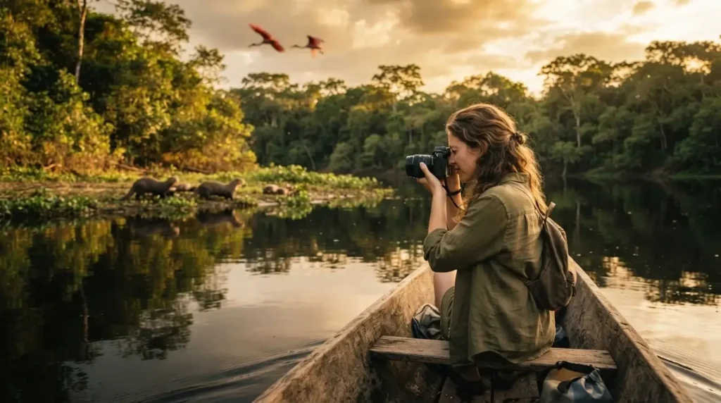 Solo female traveler sitting in a wooden canoe on an oxbow lake inside Manu National Park Peru, surrounded by Amazon rainforest at golden hour