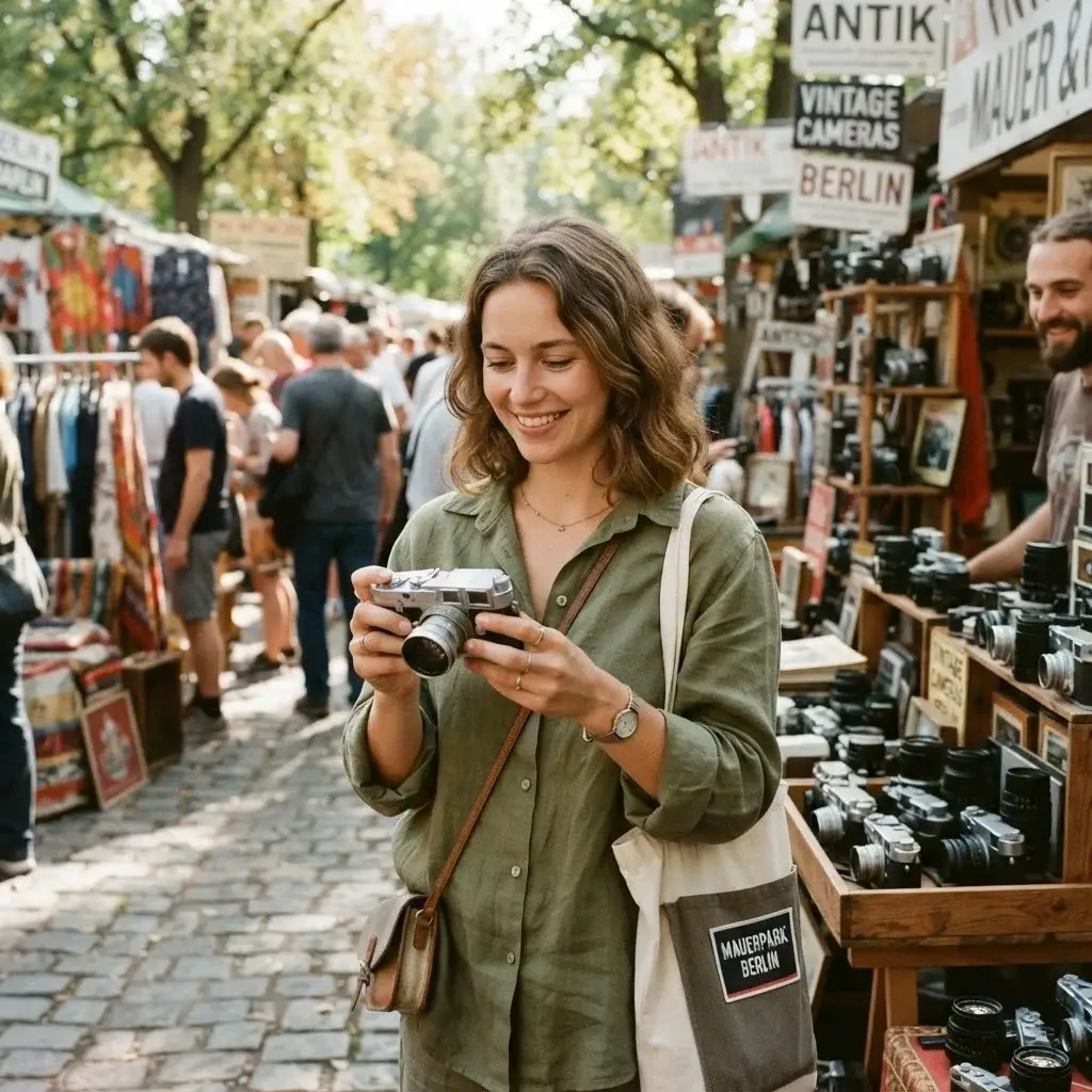 A young woman browsing vintage camera equipment at a bustling outdoor market stall inside the Mauerpark flea market in Berlin on a sunny Sunday afternoon.