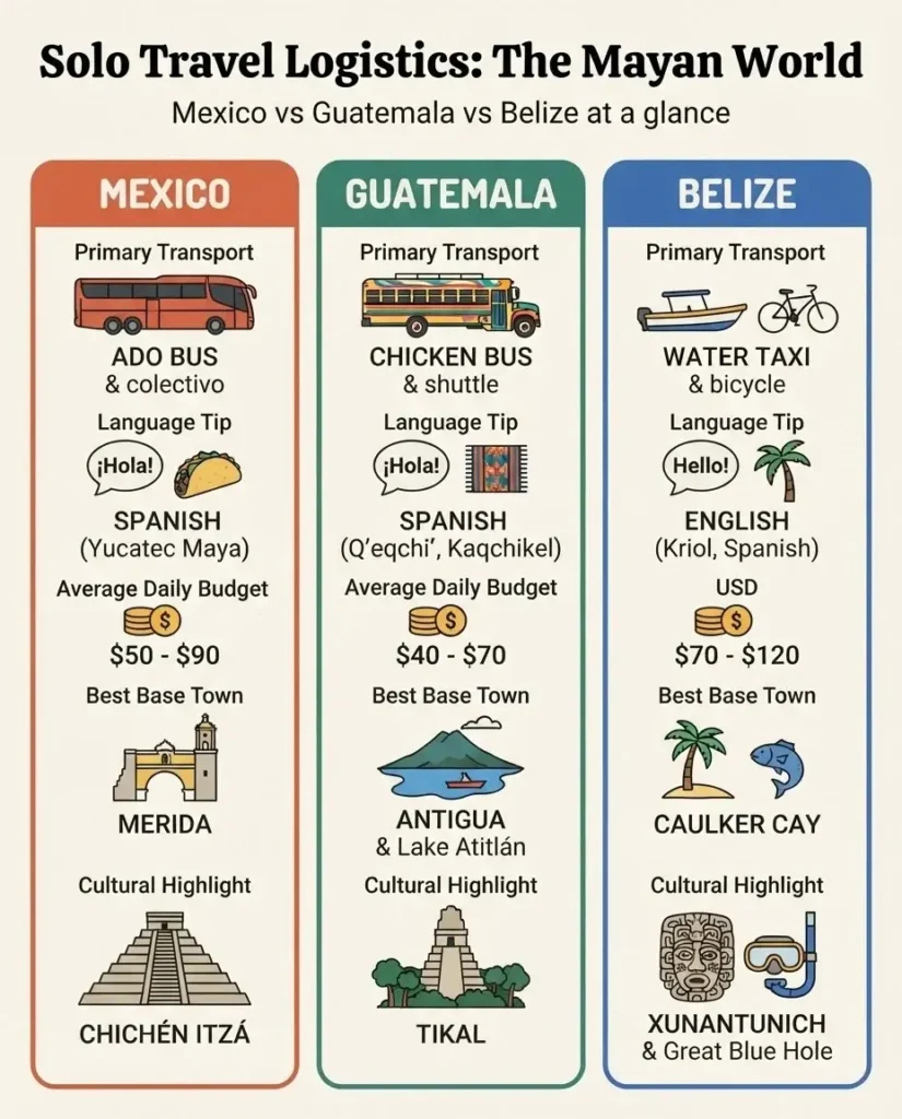 Infographic comparing solo travel logistics across Mexico, Guatemala, and Belize for experiencing traditional Mayan culture, including transport, language, budget, and best base towns
