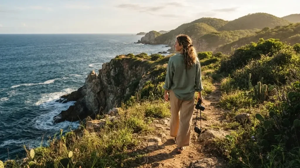 Solo female traveler walking along the clifftop path in Mazunte, Oaxaca, Pacific ocean visible below, warm golden hour light
