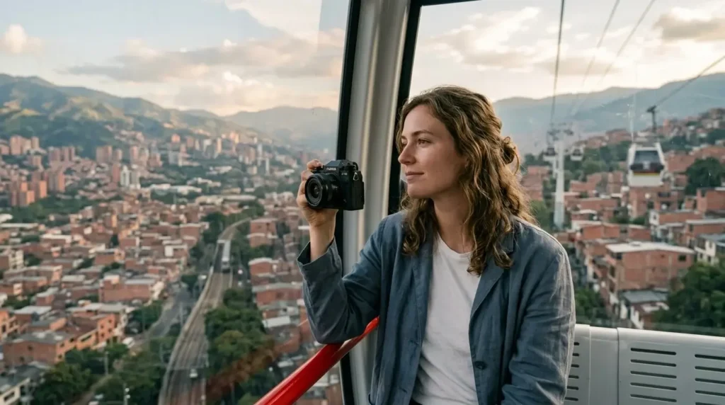 Solo female traveler looking out of a Medellin MetroCable gondola over the hillside neighborhoods and valley of Medellin Colombia at late afternoon