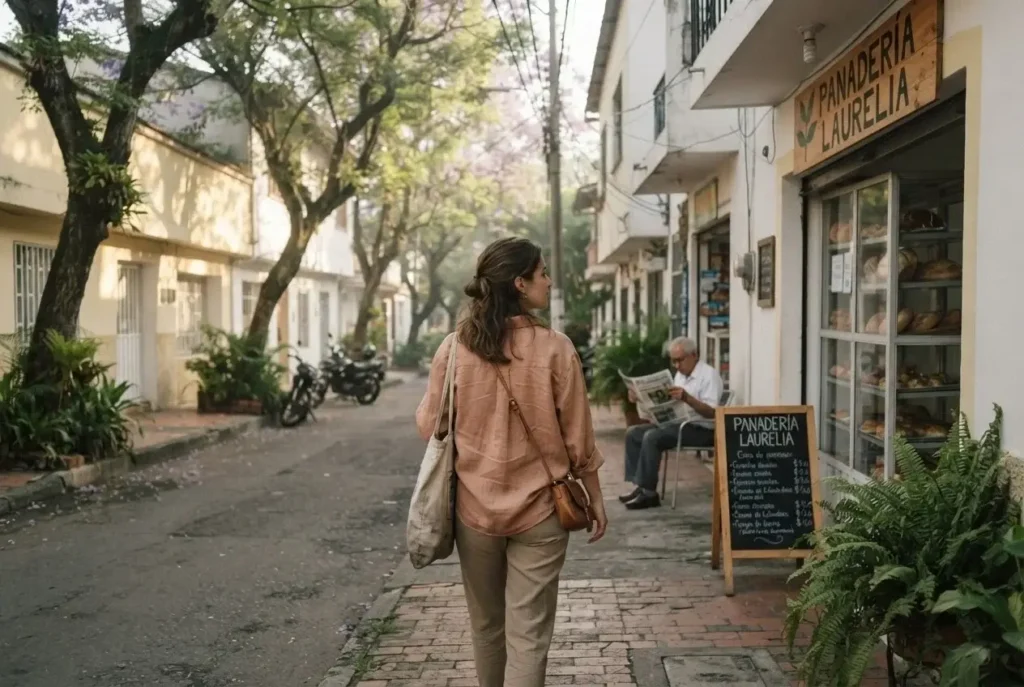 Young female solo traveler walking along a quiet tree-lined street in Laureles neighborhood, Medellin, Colombia, early morning with soft golden light and local bakery signage visible