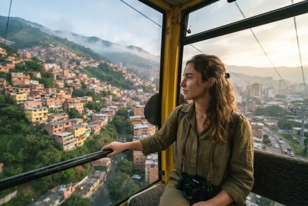 Solo female traveler inside a Medellin Metrocable gondola looking out over the densely packed hillside barrios of Colombia, misty morning light, candid window view