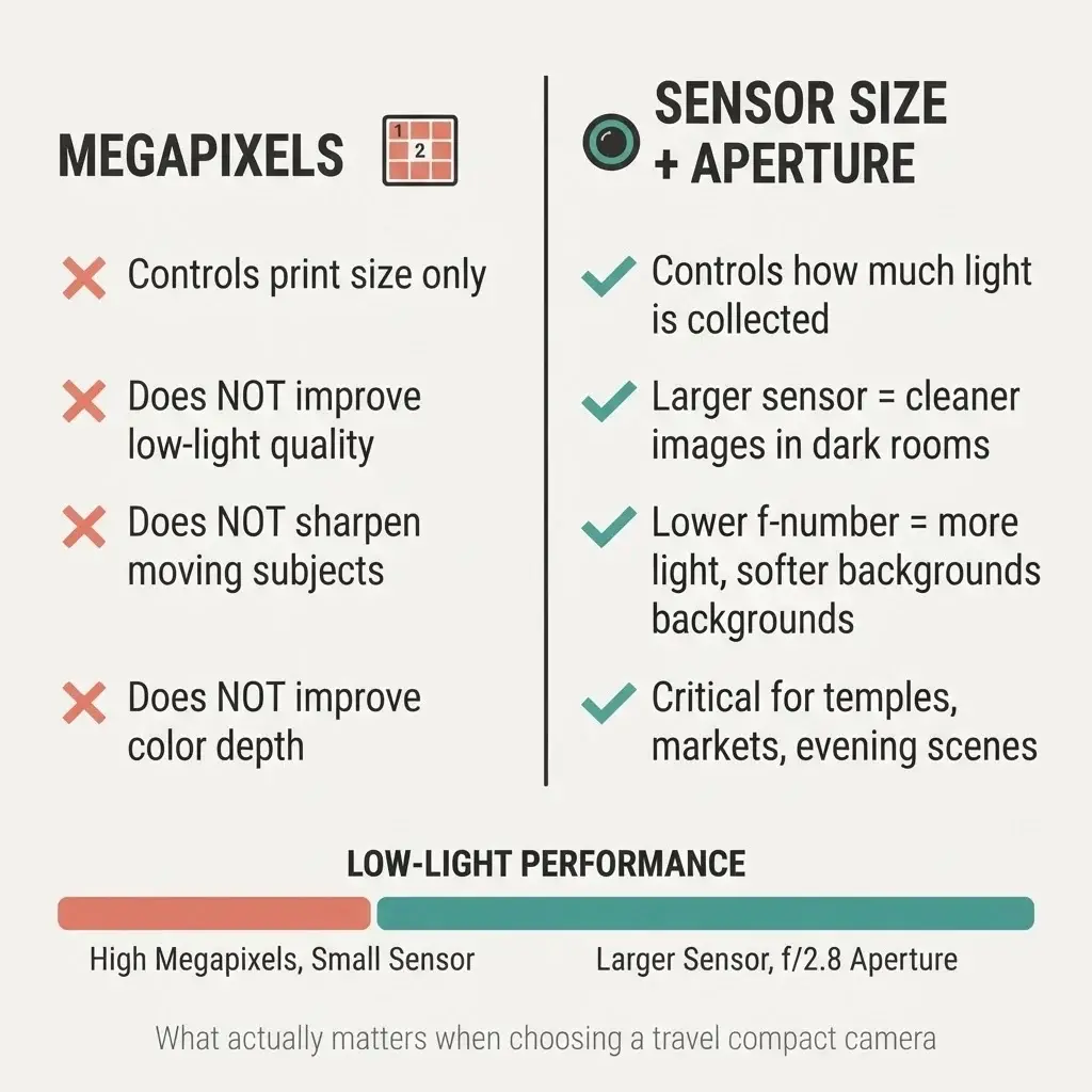 Flat vector comparison infographic showing why sensor size and aperture matter more than megapixels when choosing the best compact camera for travel, with side-by-side low-light performance examples
