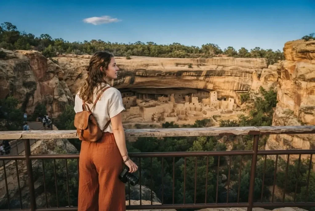 Solo female traveler looking down at Cliff Palace cliff dwellings at Mesa Verde National Park Colorado with sandstone canyon walls and blue sky