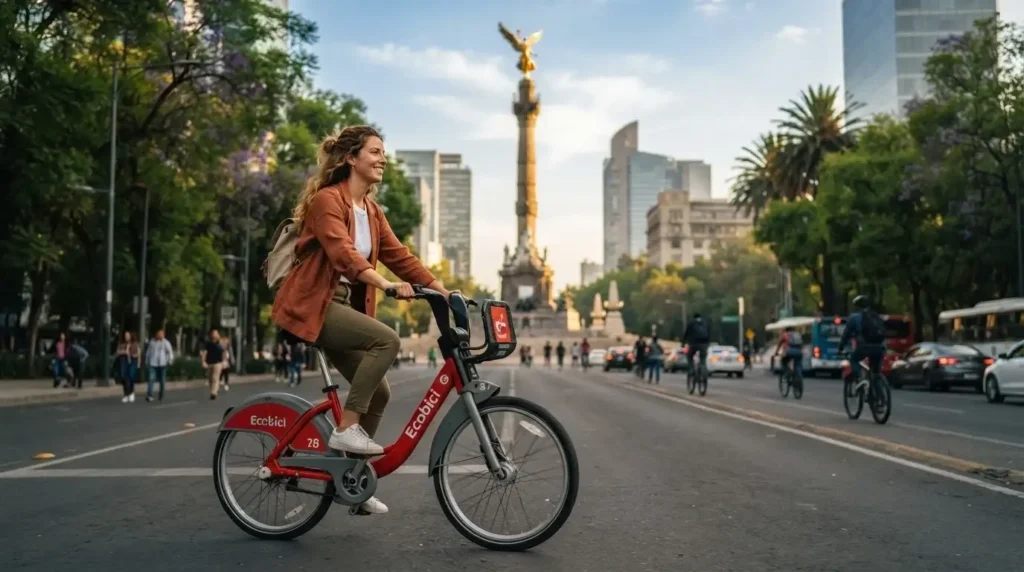  Solo female traveler riding an Ecobici bike along Paseo de la Reforma boulevard in Mexico City with the Angel of Independence monument visible ahead in golden morning light