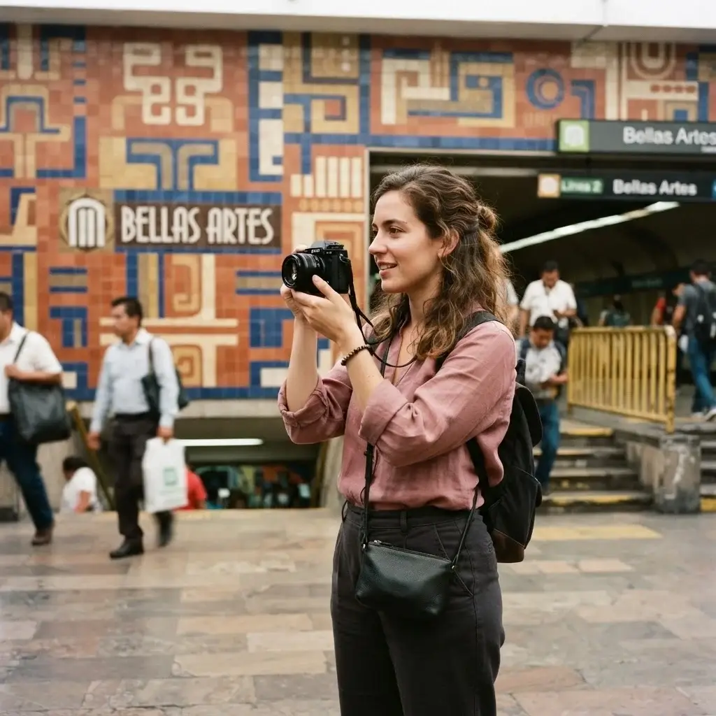 Solo female traveler pausing at a Mexico City Metro station entrance with colorful iconic station mosaic tiles and local commuters passing by in natural daylight
