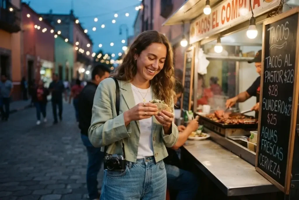 Solo female traveler eating street tacos at an outdoor taco stand in Roma Norte, Mexico City, at dusk with string lights and busy pedestrian street in background