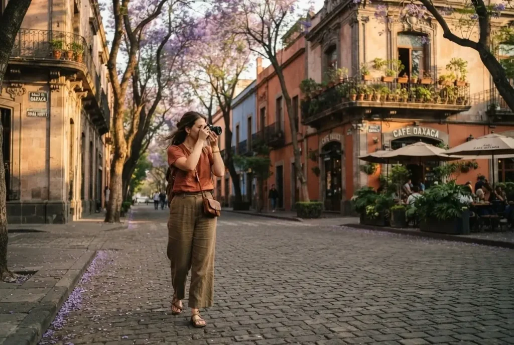 Solo female traveler walking through a colorful tree-lined street in the Roma neighborhood of Mexico City Mexico with colonial architecture and cafe terraces visible