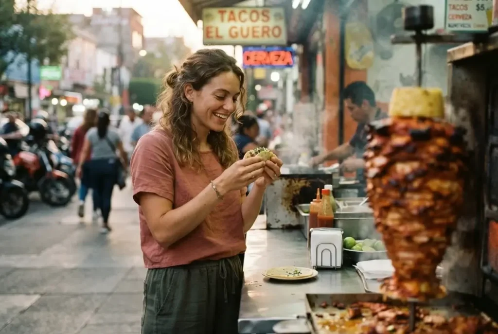 Solo female traveler holding a taco al pastor beside a spinning trompo spit at a Mexico City street cart, golden hour lighting