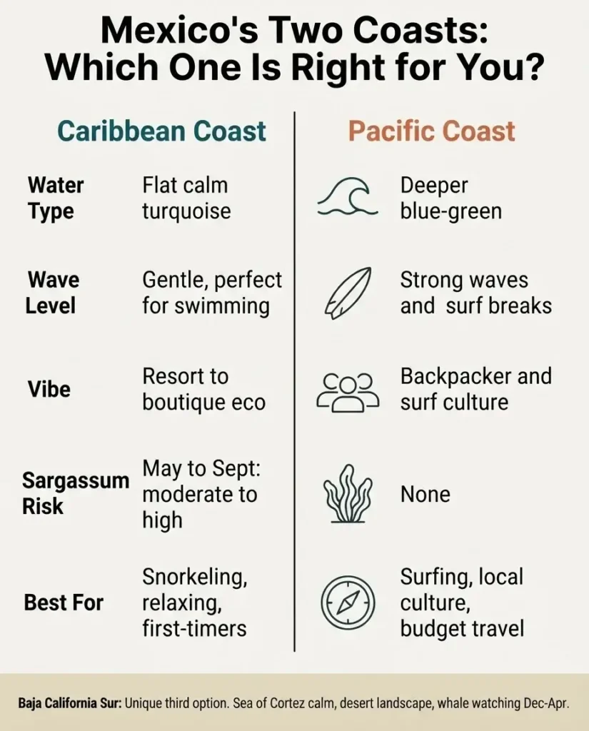 Infographic comparing Mexican Pacific and Caribbean coastlines for travelers, showing water type, vibe, crowd level, and sargassum risk