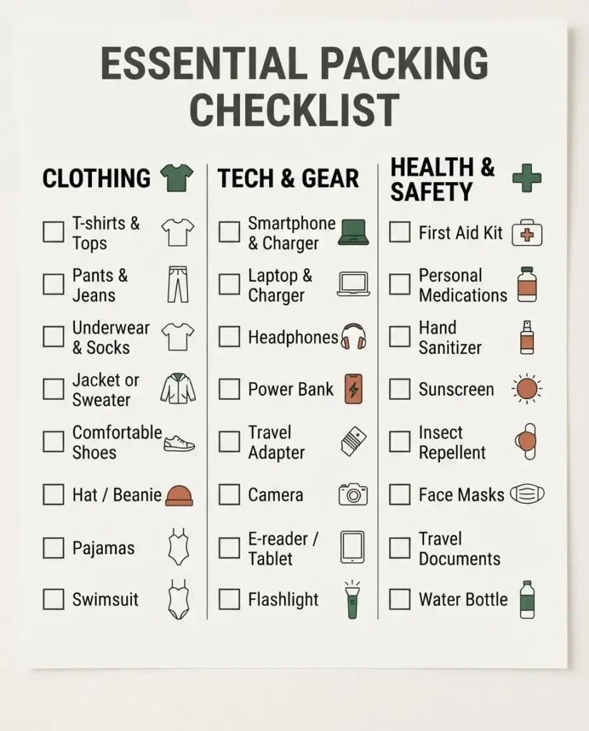 A clean, minimalist checklist infographic categorized by Clothing, Tech/Gear, and Health/Safety, showing essential items for a one-bag traveler.