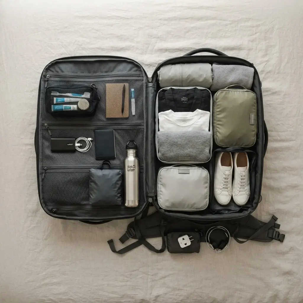 A neatly packed 40-liter clamshell backpack open on a bed, showing organized compression packing cubes and a capsule wardrobe of neutral-toned clothing.