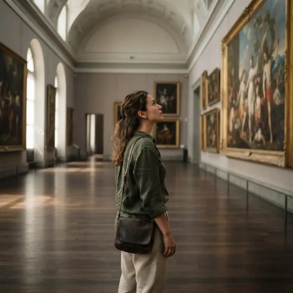 A young solo traveler standing alone in a vast museum gallery, looking thoughtfully at a classic oil painting, reflecting the independence of solo travel.