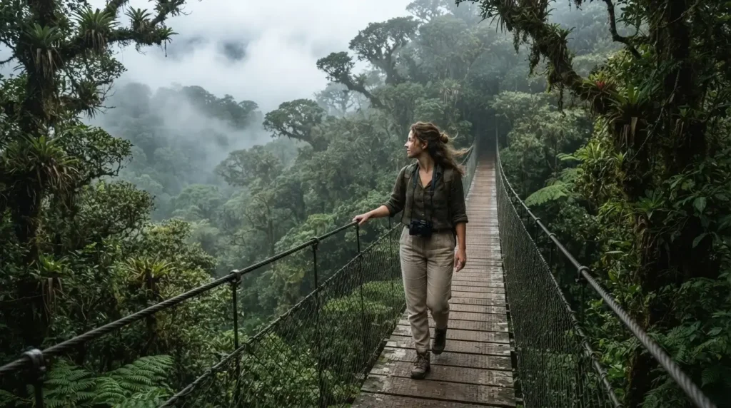 Solo female traveler crossing a misty suspension bridge through the Monteverde Cloud Forest Preserve in Costa Rica, surrounded by dense canopy and morning fog