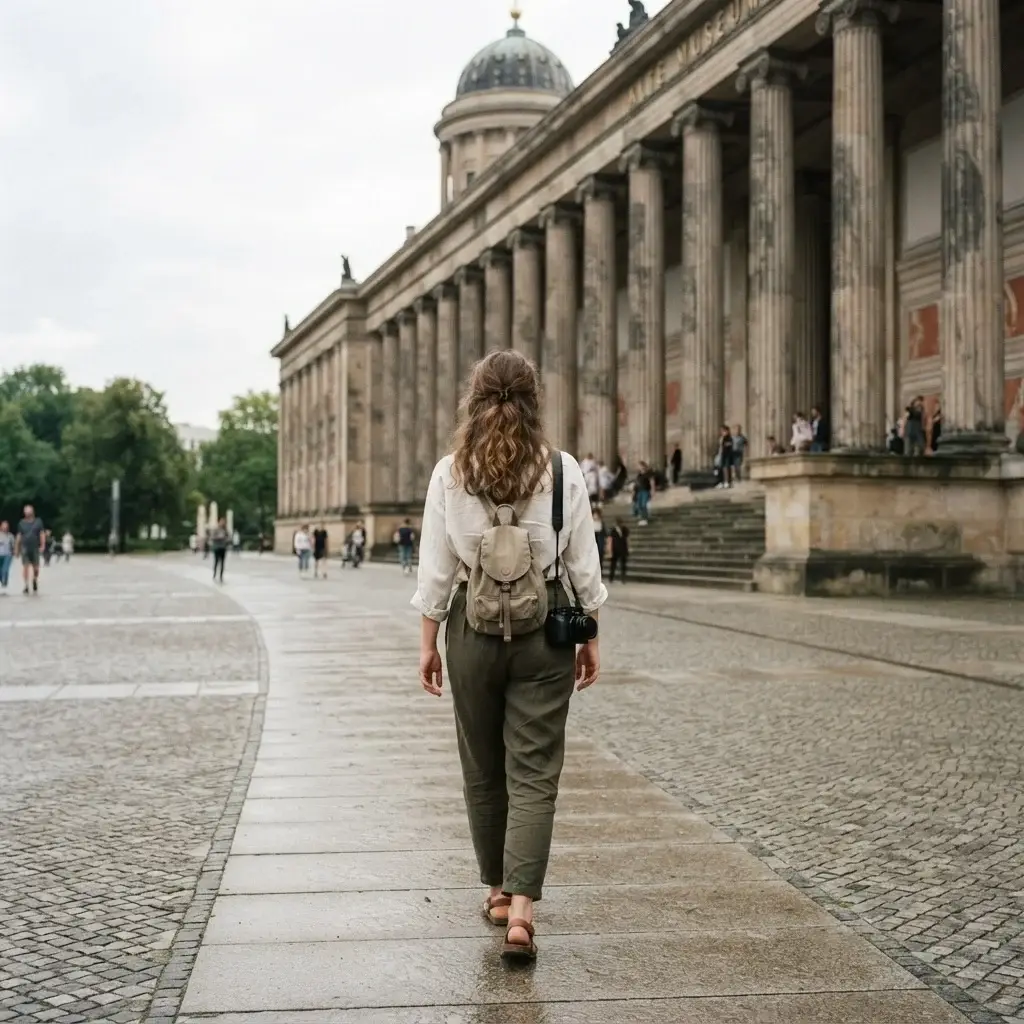 A young woman with a mirrorless camera looking up at the grand columns of the Altes Museum on Museum Island in Berlin.