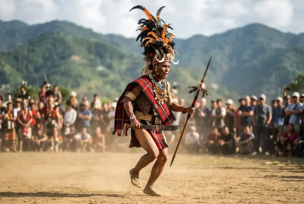 Naga tribal warrior dancer in full traditional costume and headdress performing at Kisama Heritage Village during Hornbill Festival, Nagaland Northeast India