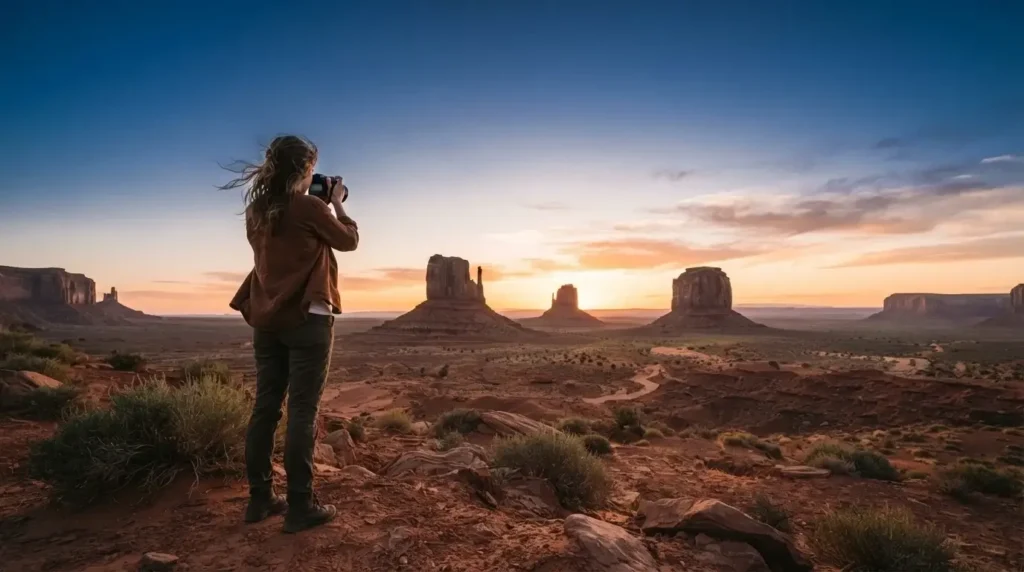 Young solo female traveler photographing Monument Valley sandstone buttes at dawn on the Navajo Nation, Arizona, warm red desert light