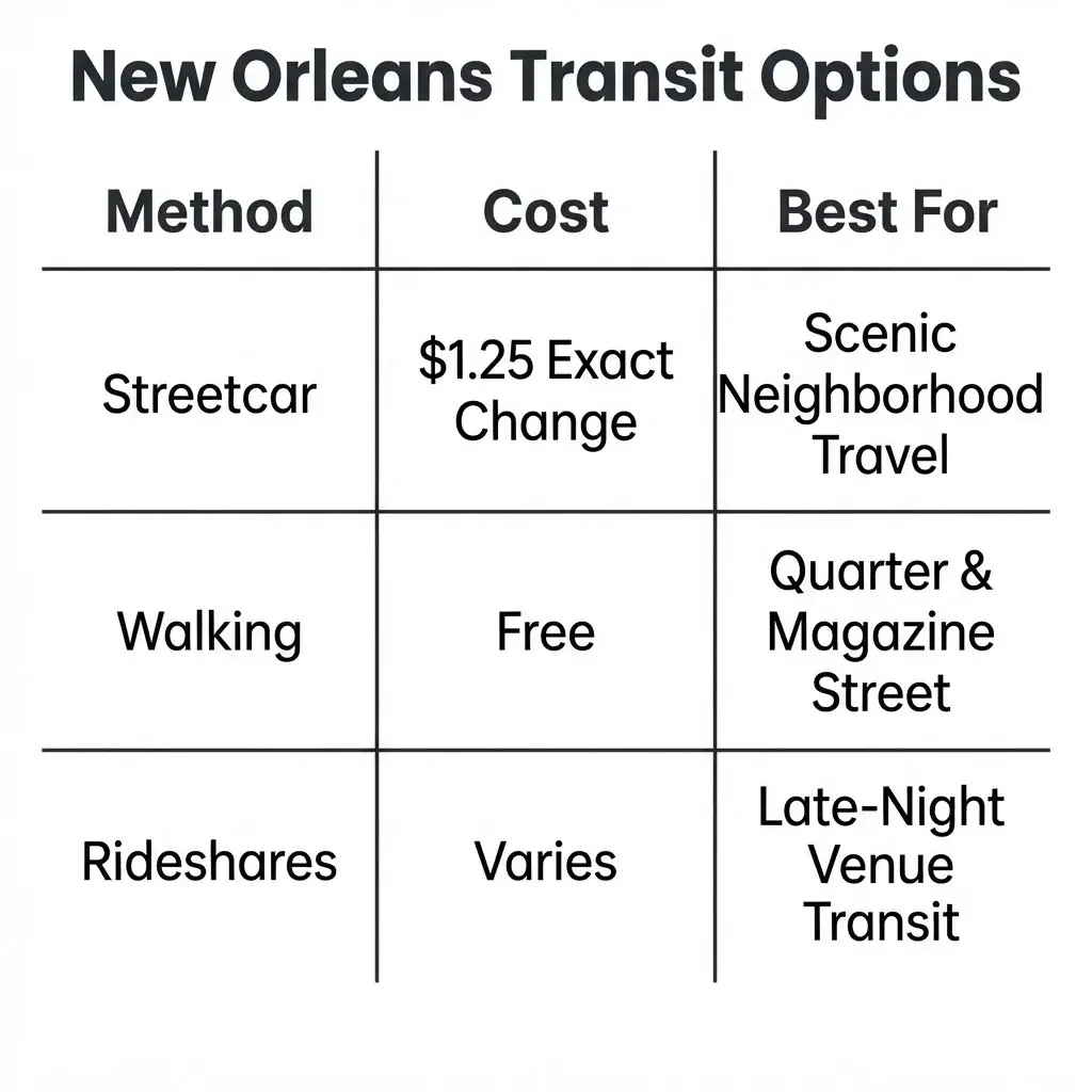 A 1比1 square infographic comparison table analyzing New Orleans transit methods including public streetcars, walking, and rideshares based on cost, best use cases, and key practical tips.