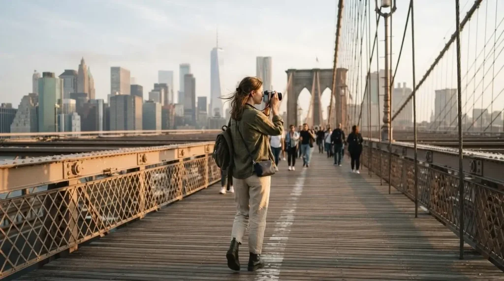 Solo female traveler with mirrorless camera walking across Brooklyn Bridge New York City at early morning golden light