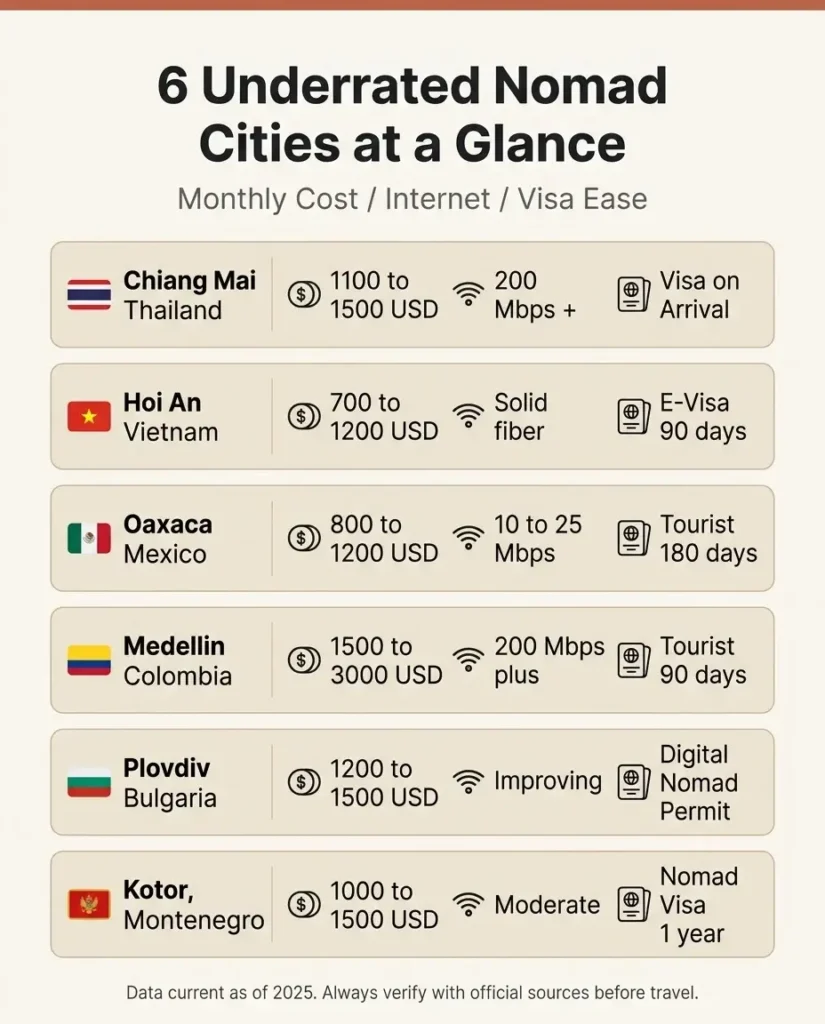 Infographic comparing six underrated digital nomad cities by monthly cost internet speed and visa requirements including Chiang Mai Hoi An Oaxaca Medellin Plovdiv and Kotor