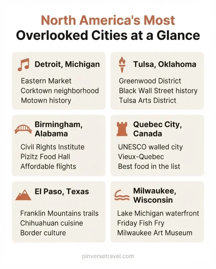 Infographic comparing six underrated North American cities for solo travelers including Detroit Tulsa Birmingham Quebec City El Paso and Milwaukee with key highlights for each