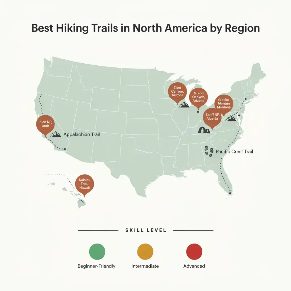 Minimalist illustrated map of North America showing best hiking destinations by region including Zion Grand Canyon Glacier Banff and Appalachian Trail
