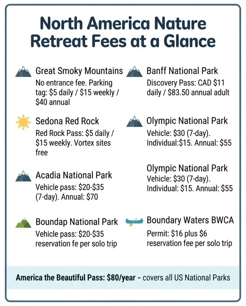 Infographic comparing entrance fees and passes for top North American nature retreats including Great Smoky Mountains, Sedona, Acadia, Banff, Olympic, and Boundary Waters