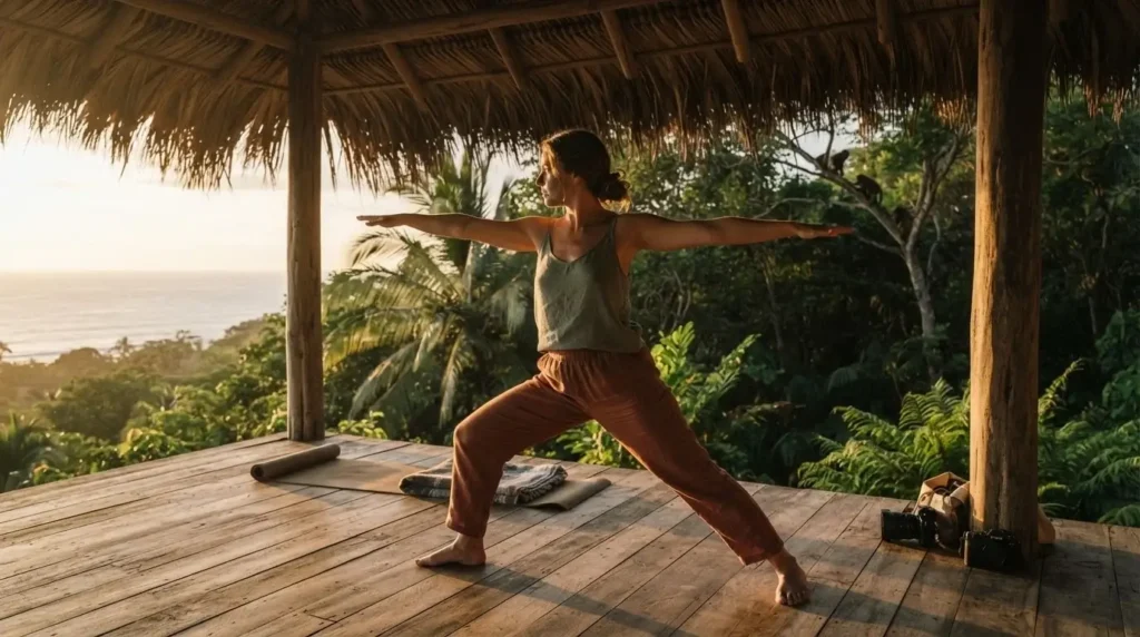 Open-air yoga shala in Nosara Costa Rica overlooking the Pacific Ocean surrounded by tropical jungle at golden hour