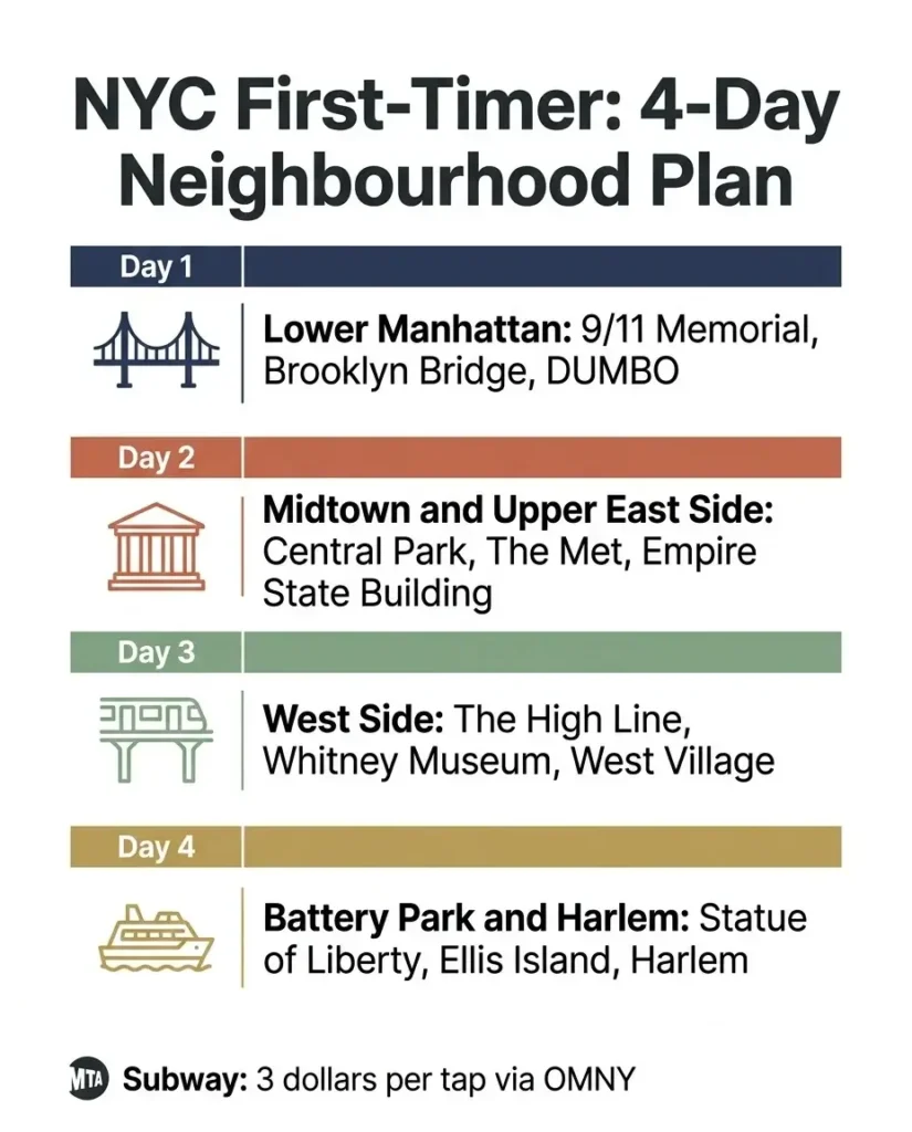 Flat minimalist illustrated map infographic showing a 4-day New York City first-timer itinerary with daily neighbourhood clusters, landmarks, and subway tips