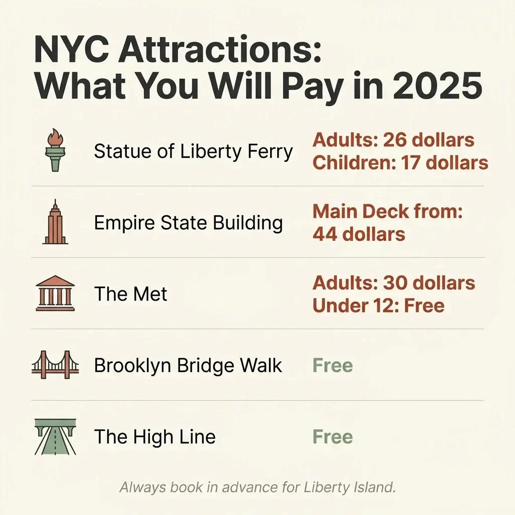 Flat minimalist infographic comparing ticket prices and opening hours for top New York City attractions including the Empire State Building, The Met, Statue of Liberty ferry, and 9/11 Memorial Museum in 2025