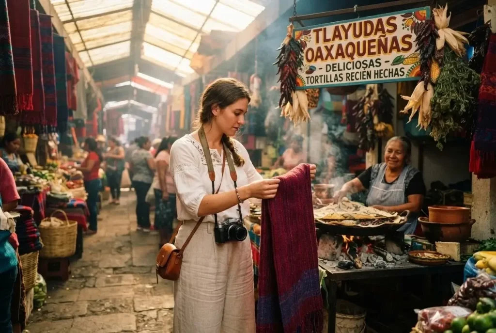 Solo female traveler exploring a colorful traditional market in Oaxaca City, Mexico, examining handwoven textiles with a tlayuda vendor stall visible in the background and warm midday light