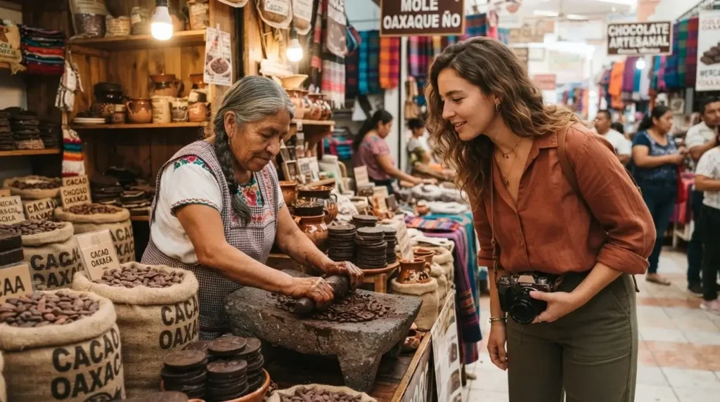 Young female traveler watching traditional stone metate cacao grinding at Mercado 20 de Noviembre in Oaxaca Mexico, colorful market stalls and warm indoor lighting in background