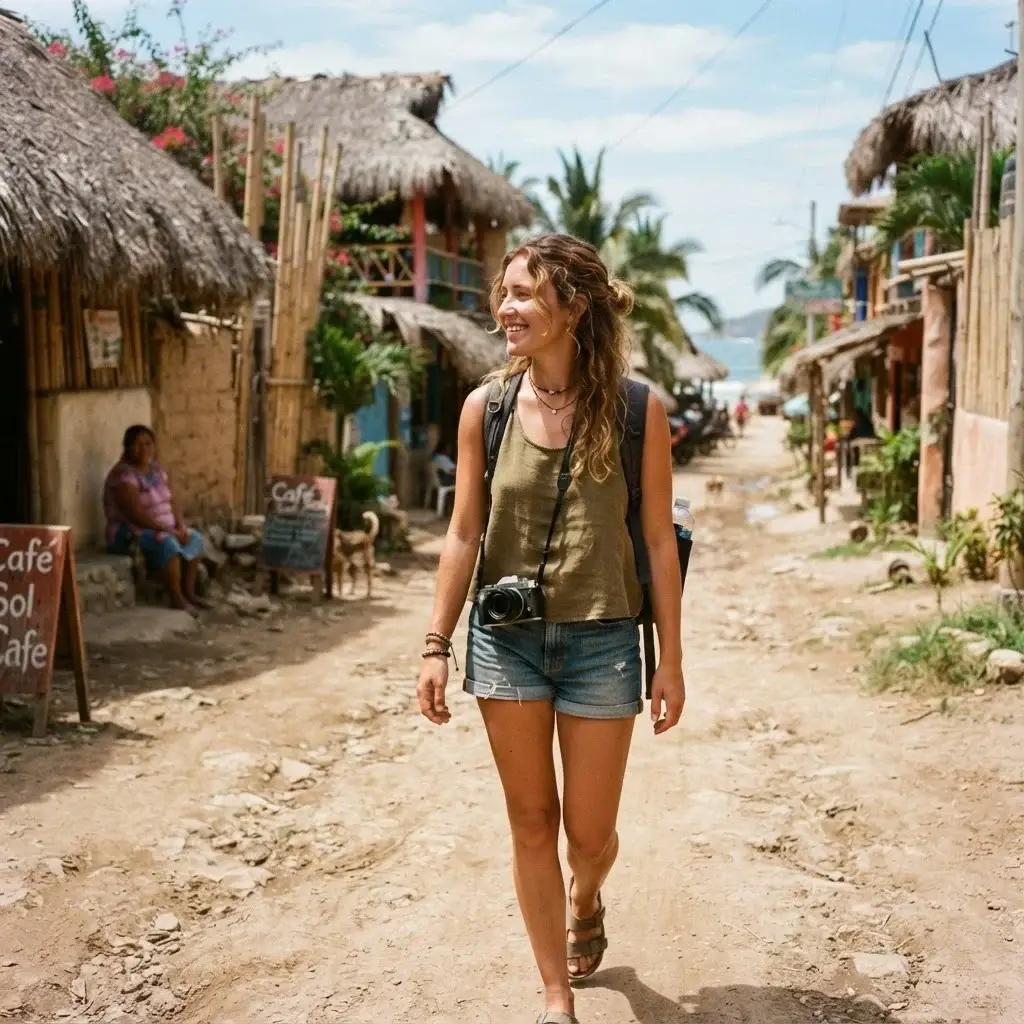 A candid eye-level shot of a female traveler walking past rustic thatched-roof eco-cabanas along a dusty beach road in Mazunte, Oaxaca, Mexico, wearing breathable linen clothes.