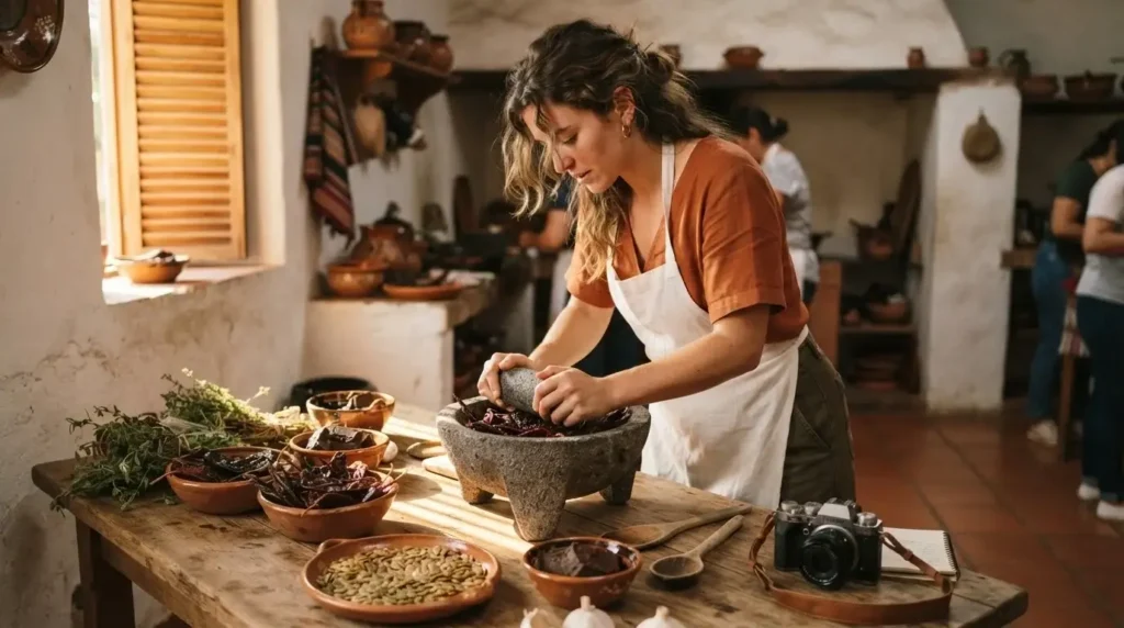 Solo female traveler grinding dried chilies with a stone mortar in an Oaxaca cooking class preparing traditional mole negro in Mexico
