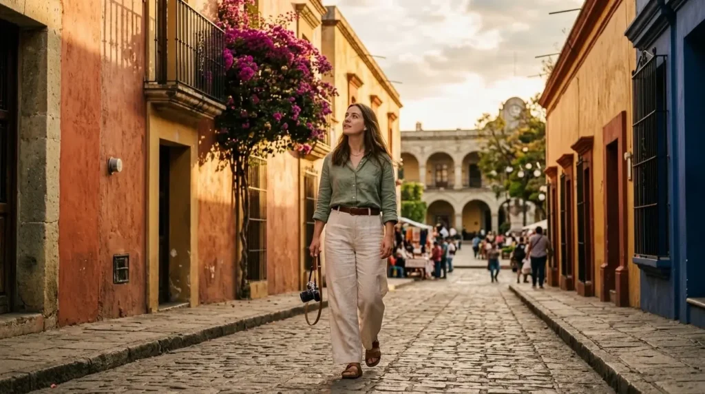 Solo female traveler walking a cobblestone street in Oaxaca Mexico historic centre with colonial architecture colourful facades and warm afternoon sunlight