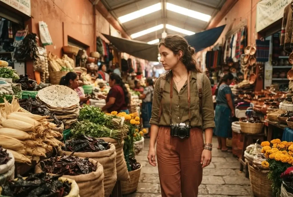 Solo female traveler browsing fresh corn tamales and chiles at a traditional Oaxacan market, warm golden afternoon light, vibrant produce stalls