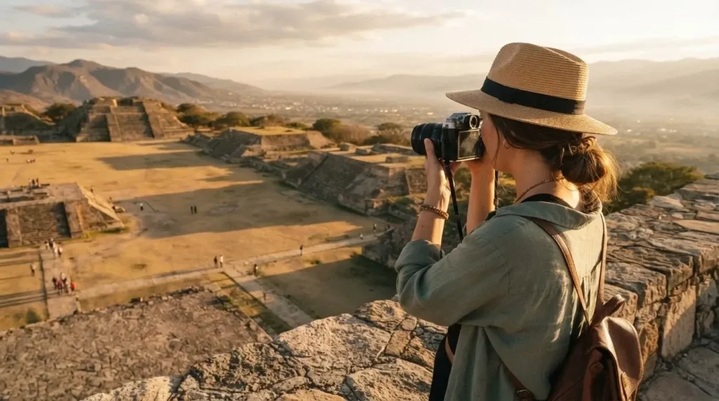 Solo female traveler at Monte Alban archaeological ruins Oaxaca Mexico looking out over the Zapotec pyramids at sunset